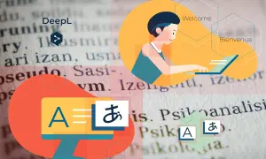 Grafika przedstawia narzędzie do tłumaczenia DeepL, z ikonami komputerów i tekstem w różnych językach.