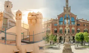 Zjawiskowy recinte modernista de Sant Pau, z fantazyjnymi kominami i ceglanym budynkiem z zegarem, w blasku słońca.