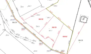 Plan podziału działki 199/58, 199/59, 199/60. Widoczne granice, wymiary i punkty wysokościowe.