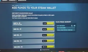 Ekran Steam z opcjami dodawania środków do portfela: 5, 10, 25, 50, 100 euro.