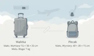 Ilustracja walizki i plecaka z wymiarami i wagą, w tle samolot i siedzenie.