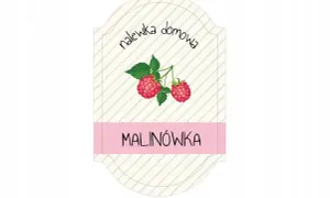 Etykiety na nalewki do druku z malinami i napisem "Malinówka". Idealne do domowych przetworów.