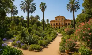 Aleja w **ogrodzie botanicznym Palermo** prowadzi do zabytkowego budynku, otoczonego bujną zielenią, palmami i kwitnącymi krzewami.