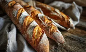 Tre nybakade baguetter på en linneduk. Perfekt för ett enkelt baguette recept.