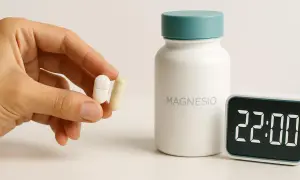 Una mano tiene due capsule, accanto a un flacone di magnesio e un orologio digitale che segna le 22:00. È ora di pensare a quanto magnesio al giorno.