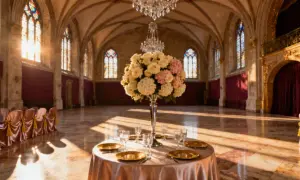 Elegancka sala balowa przygotowana na wesele na 50 osób. Stół z kwiatami i zastawą, rzędy krzeseł w satynowych pokrowcach.