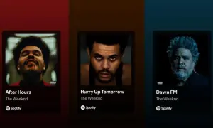 Okładki albumów The Weeknd: "After Hours", "Hurry Up Tomorrow" i "Dawn FM" na Spotify.
