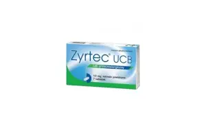 Opakowanie leku Zyrtec UCB, 10 mg, 7 tabletek powlekanych. Skuteczny lek przeciwalergiczny.
