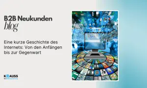 Eine visuelle Reise durch die Geschichte des Internets, von seinen Anfängen bis heute, mit vielen Bildschirmen und Daten.