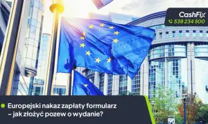 Flaga UE przed budynkiem Parlamentu Europejskiego. Informacja o europejski nakaz zapłaty.