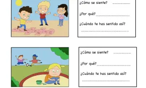 Actividad para trabajar la empatía: niños jugando y uno triste. Preguntas para reflexionar sobre sentimientos.