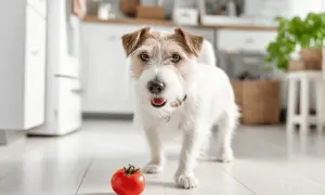 Uroczy piesek zastanawia się, czy pies może jeść pomidory. Czerwony pomidor leży na podłodze w kuchni.