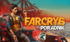 Kobieta z karabinem opiera się o samochód na plaży. Napis "Far Cry 6 poradnik" sugeruje pomoc w grze.