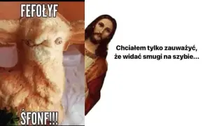Wesoło memy wielkanoc: Jezus wychyla się zza obrazka, by zauważyć, że widać smugi na szybie, a obok baranek z chleba z napisem "ŚFONF!!!".