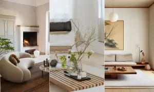 Tre olika rum som visar japansk inredningsstil: ett med öppen spis och mjuk soffa, ett med blommor i vas och en stol, samt ett med tatamimatta och lågt soffbord.