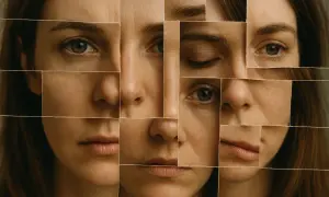Frammenti di un volto femminile compongono un mosaico, simbolo della libertà di essere se stessi in ogni sfaccettatura.