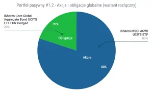 Wykres kołowy pokazuje podział portfela na akcje (80%) i obligacje (20%), co jest strategią inwestowania długoterminowego.