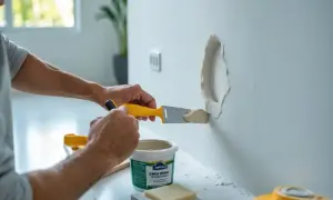 Person spacklar hål i väggen med en spackelspade och spackel.