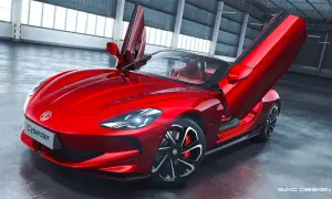 MG Cyberster rojo con puertas de mariposa abiertas. ¿Qué marca es? Un deportivo futurista.