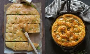 Två fluffiga focaccia, en med ost och örter, den andra med lök och timjan. Perfekt för fika eller middag.