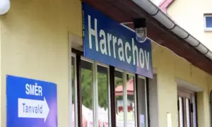 Tabliczka "Harrachov" nad oknami dworca. Obok znak "Směr Tanvald", wskazujący kierunek podróży pociągiem z Szklarskiej Poręby do Harrachova.