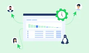 Grafika przedstawia pulpit z danymi, zegar i pingwina symbolizującego Linux. Wskaźniki pokazują przepływ informacji do użytkowników, sugerując efektywne zarządzanie czasem.