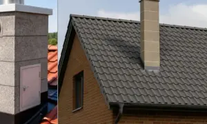 Budowa komina systemowego na zewnątrz domu. Nowoczesny komin z metalową nasadą i drzwiczkami rewizyjnymi na tle dachu.