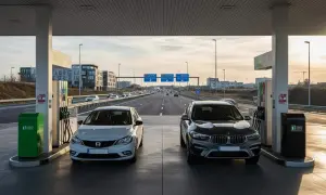 Deux voitures, une blanche et une grise, sont garées à une station-service. L'une attend son plein d'essence ou de diesel.