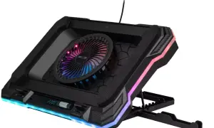 Czarna podkładka pod laptopa z wentylatorem i kolorowym podświetleniem RGB. Idealna do chłodzenia sprzętu podczas grania.