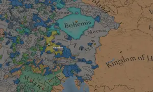 Mapa Europy z gry strategicznej, widoczne państwa jak Czechy, Austria, Bawaria. Widać nazwy miast, np. München. To fragment rozgrywki z eu4 commands.
