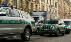 Służba mundurowa Straży Granicznej w akcji. Kolumna pojazdów, w tym terenowych i dostawczych, porusza się ulicą w mieście.