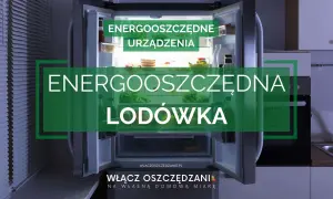 Otwarta, energooszczędna lodówka z jedzeniem i zielonym napisem "ENERGOOSZCZĘDNA LODÓWKA".