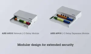 Deux modules i/o Axis, un A9210 et un A9910, montrant leur conception modulaire pour une sécurité étendue.