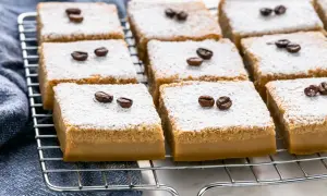 Fette di torta magica al caffè, spolverate di zucchero a velo e decorate con chicchi di caffè, riposano su una griglia.