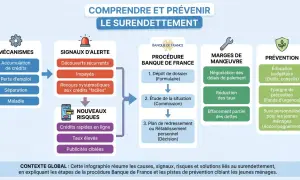 Infographie sur le surendettement : causes, signaux, risques, procédure Banque de France et prévention. La définition du moratoire est implicite dans les marges de manœuvre.