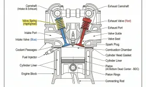 Detaljerad illustration av en motorcylinder med kolv, ventiler och kamaxel. En gulmarkerad ventilfjäder kan indikera problem med dålig kompression.