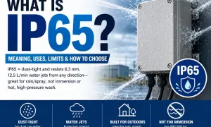 Boîtier étanche IP65 sous jets d'eau. Comparez IP65 vs IP67 pour savoir si l'immersion est possible.