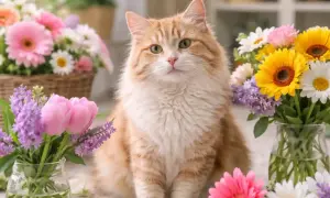 A fluffy orange cat sits amidst a colorful spring bouquet. While asters are not poisonous to cats, this feline friend seems more interested in the flowers than a snack.