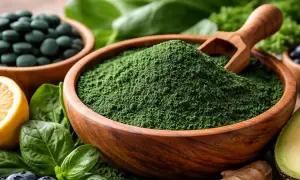 Zielony proszek spiruliny w drewnianej misce, obok tabletek, cytryny i awokado. Odkryj niezwykłe spirulina właściwości dla zdrowia.