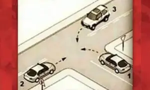 Tres coches en una intersección. El coche 3 tiene la prioridad de paso, seguido por el 2 y luego el 1.