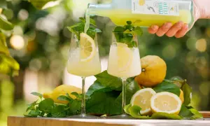 Zwei Gläser mit Eis, Zitronenscheiben und Minze werden mit einem hellgelben Limoncello-Getränk aus einer Flasche aufgefüllt. Frische Zitronen und Blätter liegen daneben.