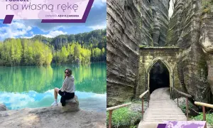 Podróżniczka siedzi nad turkusowym jeziorem, a obok widać wejście do skalnego miasta w Polsce.