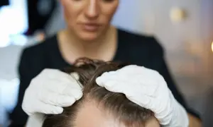 Trycholog w białych rękawiczkach bada skórę głowy pacjenta.