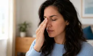 Gravid kvinna med handen mot ansiktet, upplever troligen bihåleinflammation.