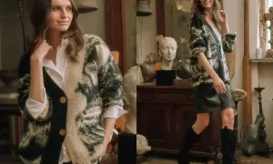 Kobieta w swetrze z wzorem tie-dye, pokazująca, jak zapiąć sweter. Stylizacja z białą koszulą i czarną spódniczką.