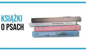 Stos książek o psach: "Oczami psa", "Słuchając psa", "Jak mądrze zadbać o swojego psa i kota?", "Nie dla psa kiełbasa (i kota)".