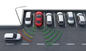 Un coche blanco se acerca a un aparcamiento con varios coches estacionados. Las **rcta adas** indican la distancia a los obstáculos.