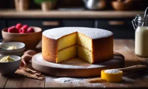 Gâteau génoise aérien, saupoudré de sucre glace, prêt à être garni. Les ingrédients pour cette recette genoise sont à proximité : framboises, œufs, lait.