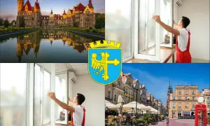Kolaż: zamek, montaż okien, herb Opola, rynek z kawiarniami.