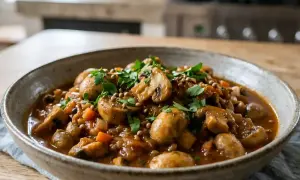 Un plat de champignons à la grecque, mijoté avec des carottes et des herbes, servi dans un bol rustique.
